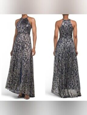 Betsy & Adam Plus Size 18W Metallic Floral Print Sleeveless Gown Wedding Formal